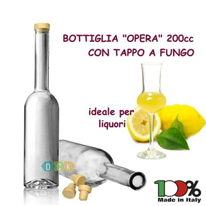Bottiglia OPERA Vetro 200Cc +Tappo Fungo Liquori LIMONCELLO Aceto Olio Liquori COLLO LUNGO