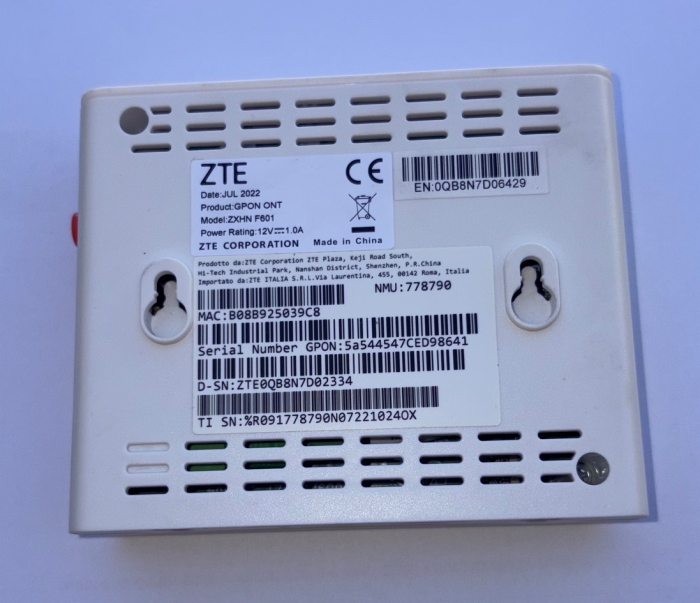 ZTE ZXHN F601 FIBRA FTTH Terminale GPON 1x GPON, 1x RJ45 1000Mb/s